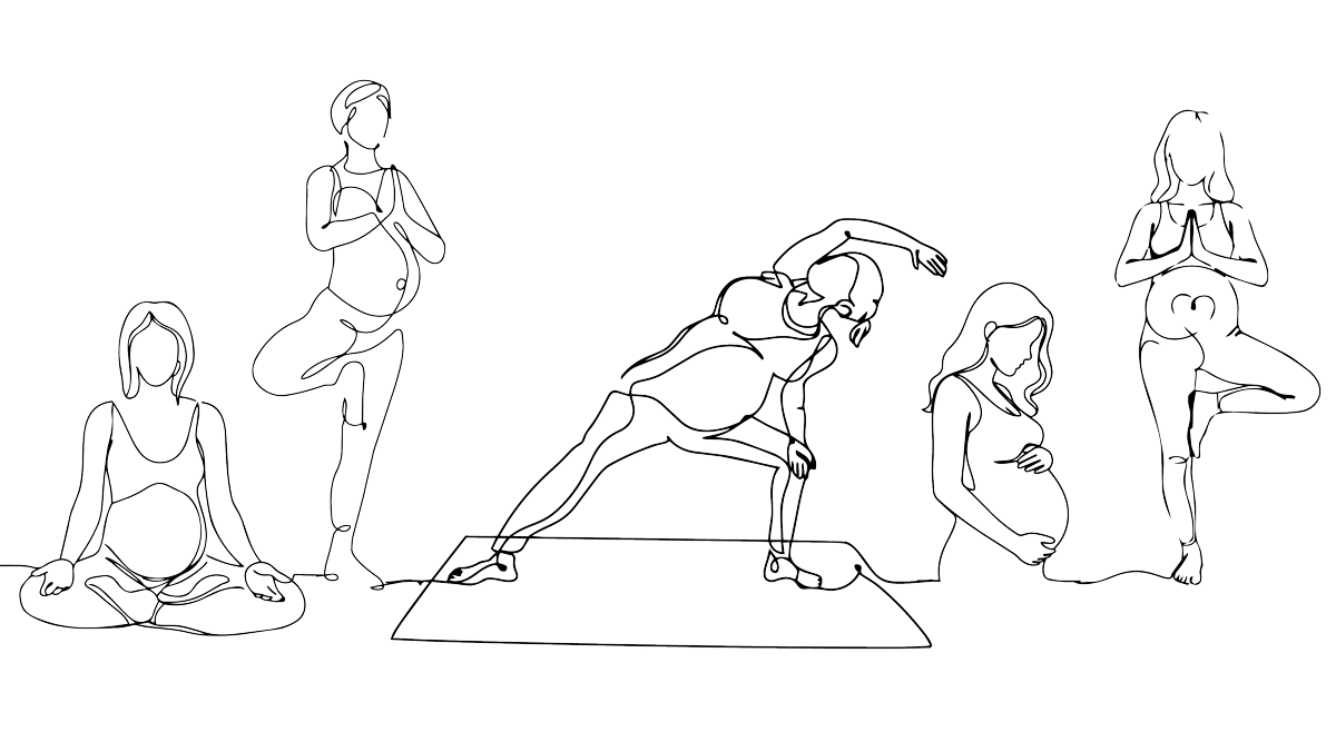 scribbles von verschiedenen figuren. frauen die schwanger sind und yoga posen machen