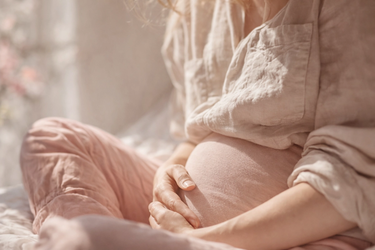 Ein close up vom bauch einer sitzenden schwangeren frau die ihn mit den händen hält
