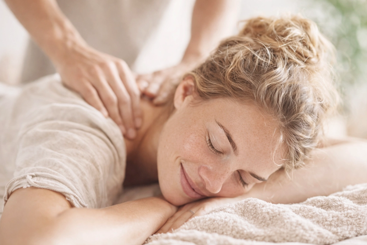 eine frau liegt lächelnd auf einer Massageliege und 2 Hände massieren ihren nackenbereich